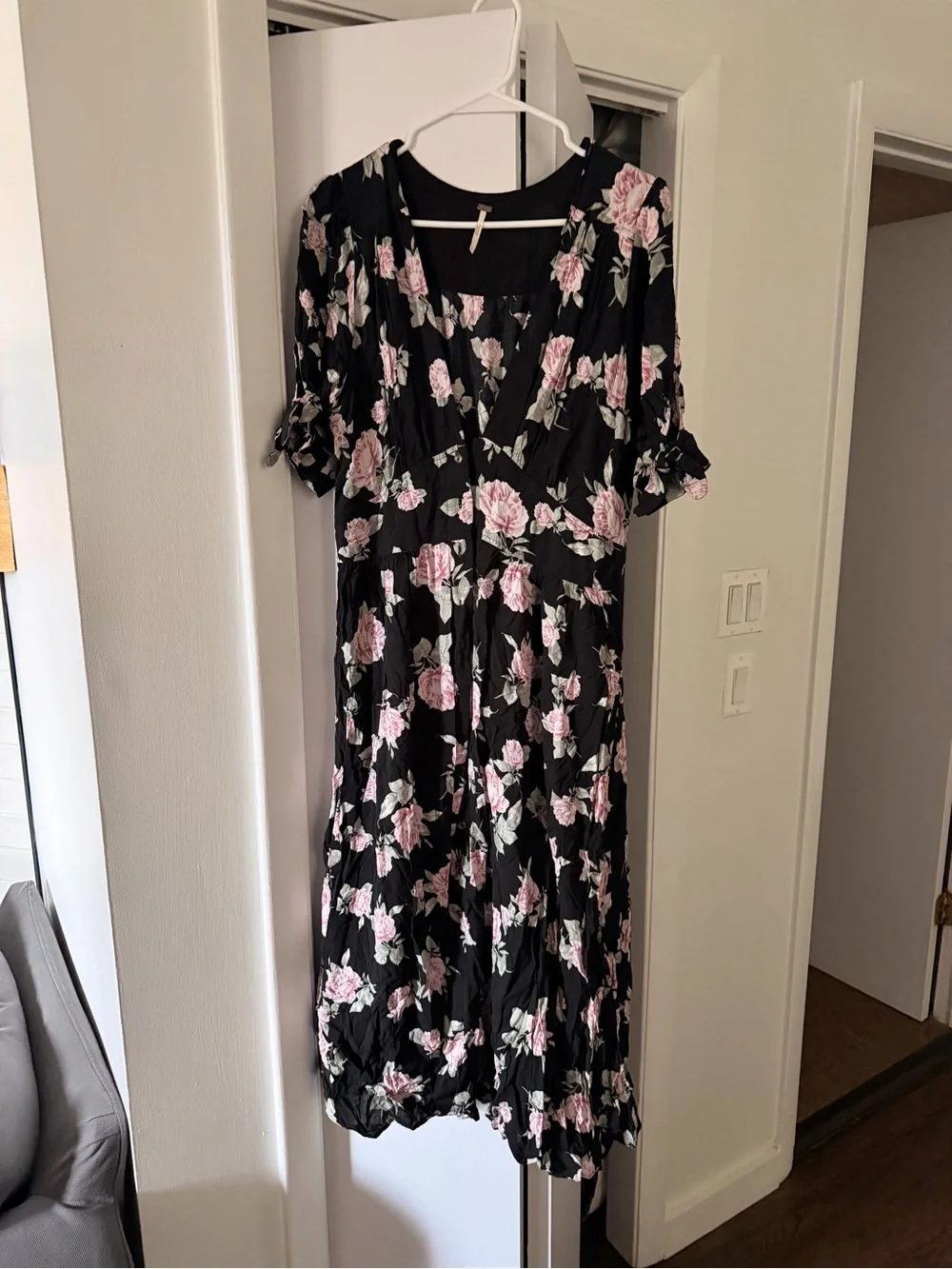 Black Reformation Floral Midi Dress with Pink Roses - Picture 1 of 5